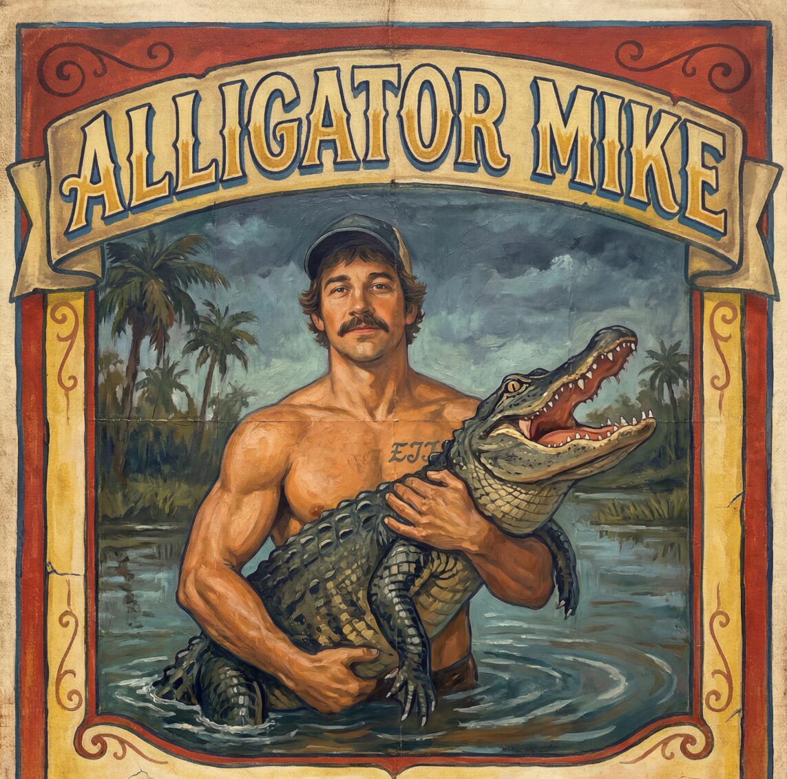 Alligator Mike holding an alligator in a painted swamp scene